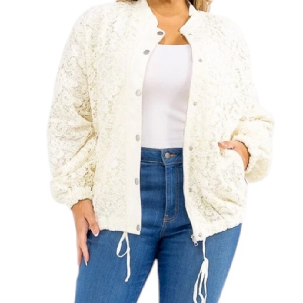 BiBi Crochet Lace Bomber Jacket in Cream